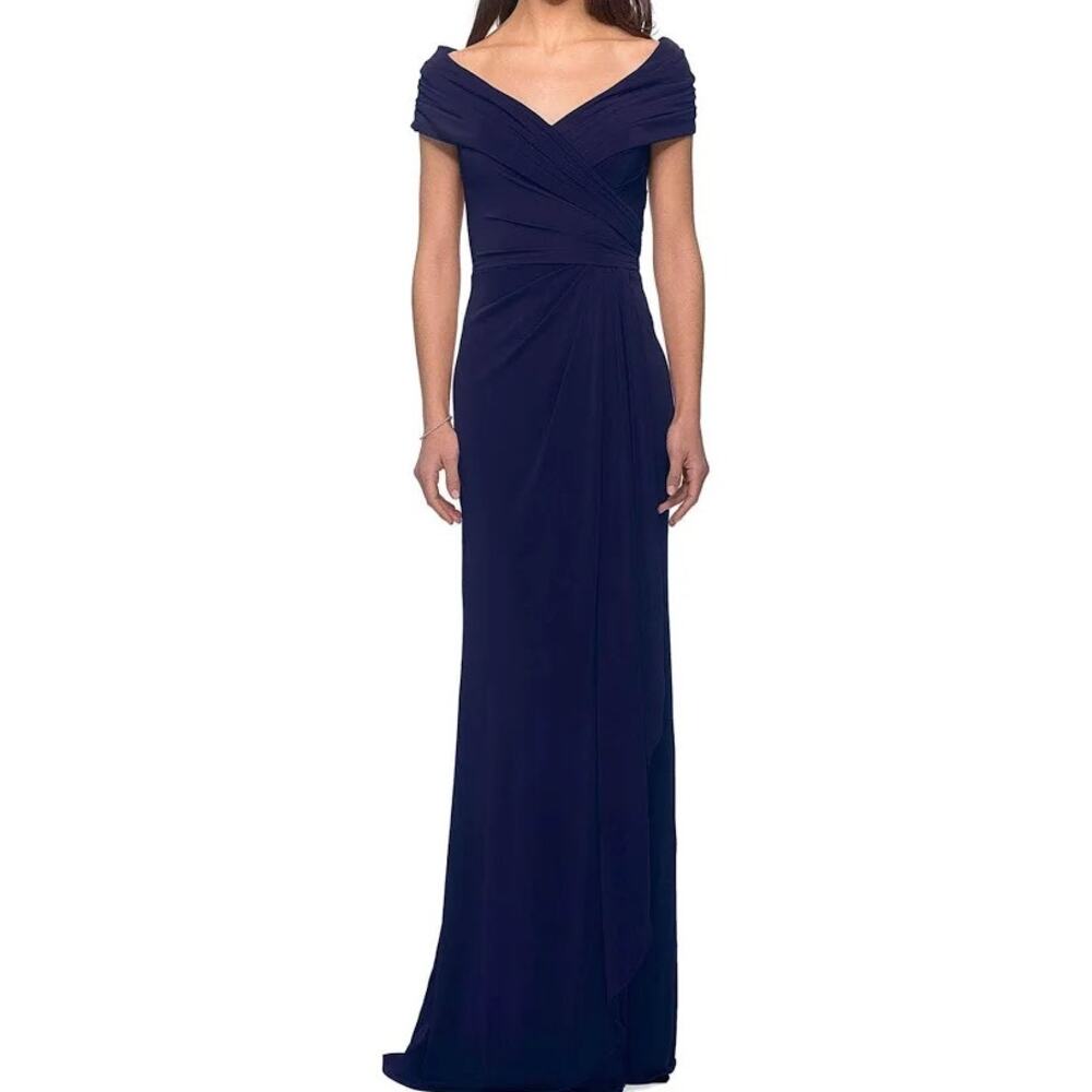 La Femme Navy Blue Off Shoulder V-Neck Long Sheath Evening Gown Size 16